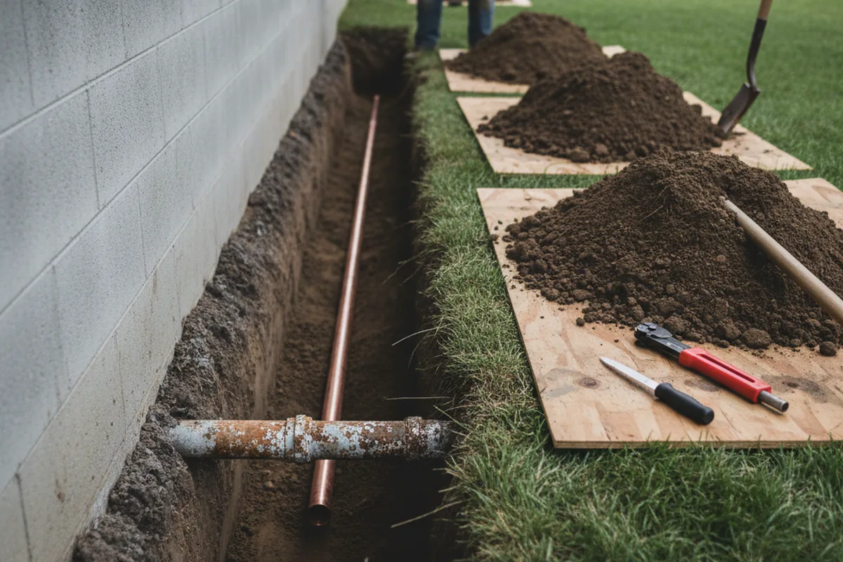 Excavated water line trench during Sewer Line Repair in Woodbury